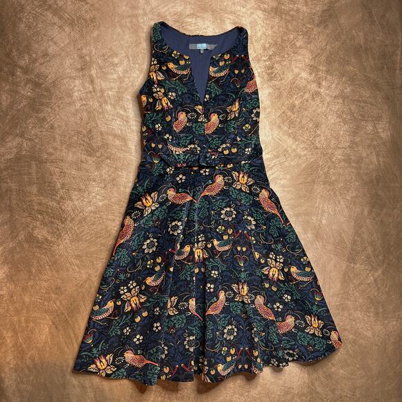 Eva Franco Anthropologie Larksong Dress Corduroy Fit & Flare Bird Print Womens 6 - Picture 1 of 7